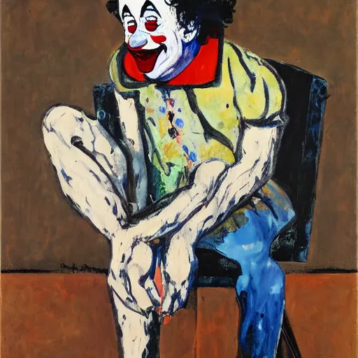 Image similar to painting of a clown sitting on a chair, staring at you, by georg baselitz