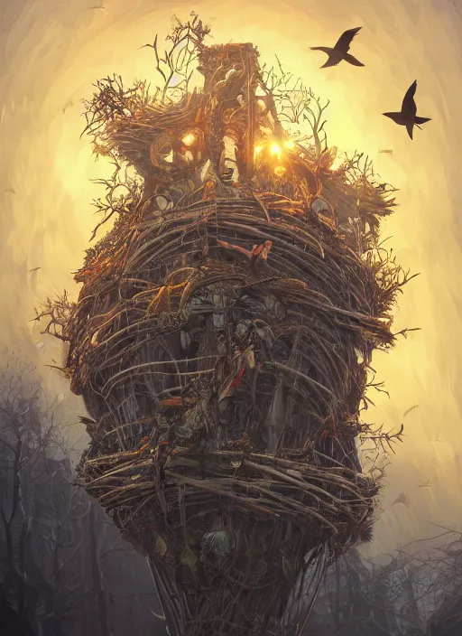 Image similar to crows nest like a human wreath, cruelty, black crows, light effect, hyper detailed, intricate, elegant, highly detailed, digital painting, artstation, concept art, matte, sharp focus, illustration, by dan mumford, yusuke murata, makoto shinkai, ross tran