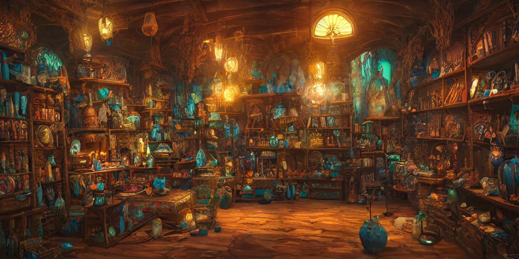 Image similar to Inside an old Magical Shop, Magic Items on shelves, books, beautiful labels, fantasy vendor interior, wide angle, highly detailed, rich bright colors, trending on artstation