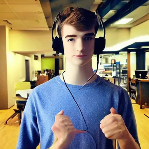 Image similar to “a realistic detailed photo of a guy who is an attractive humanoid who is half robot and half humanoid, who is a male android, twitch streamer Ninja Tyler Blevins, shiny skin, posing like a statue, blank stare, with gaming headphones on”