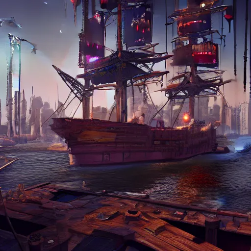 Image similar to high quality photo of a pirate ship in a cyberpunk cyberpunk cyberpunk city, realism, 8k, award winning photo