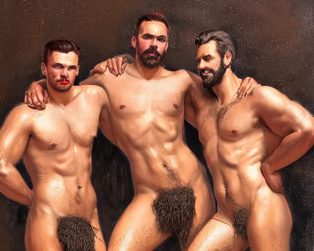 Prompt: a homoerotic symmetrical painting by tom of finland, clyde aspevig, greg rutkowski, gaston bussiere, j. c. leyendecker of attractive hairy journalist and handsome cowboy, they are in love standing back to back, mud and water, shirtless, leather pants, natural lighting, highly detailed, high quality, trending on artstation
