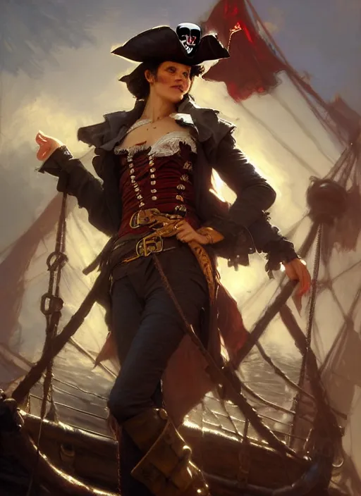 Prompt: rgb, thin, model, short black curly hair, round face, pirate clothes, on a pirate ship, amazing composition & dynamic posing, by franz xavier leyendecker, wlop! muted colors, highly detailed, fantasy art by craig mullins, thomas kinkade cfg _ scale 9