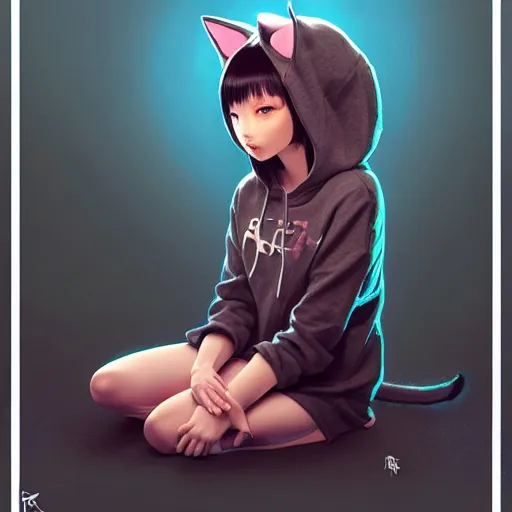 Image similar to very small little girl in a cat hoodie by ross tran, sitting in a dark room by sana takeda, rtx reflections, very high intricate details, digital anime art by artgerm, medium shot, mid - shot, composition by ilya kuvshinov, lighting by greg rutkowski