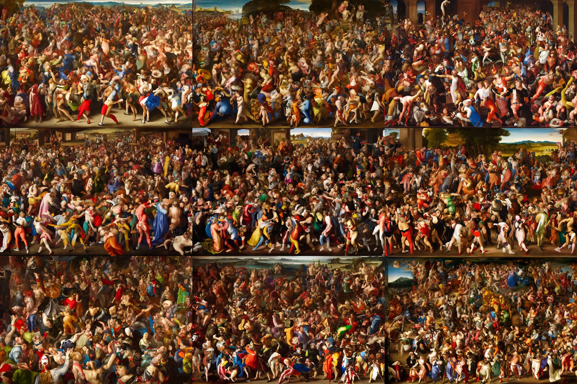 Prompt: a mosh pit in a ballroom with a lot of clowns in it, view from above, renaissance painting,