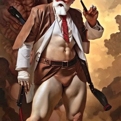 Image similar to a full body portrait of colonel sanders the greek god!! in hell!!! fighting rednecks!!! extremely beautiful, anatomically accurate, by artgerm and by greg rutkowski and by alphonse mucha and by simon bisley, radiant light, detailed and intricate environment,