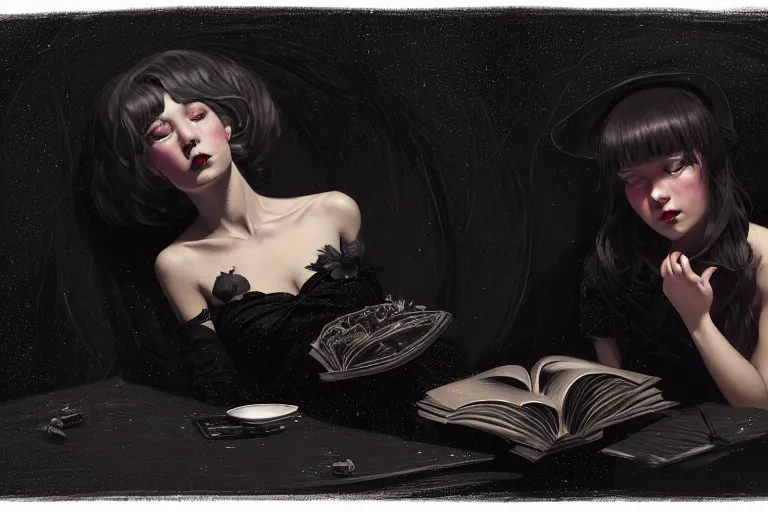 Prompt: high angle picture of a black dress witch sitting on the floor and researching about the azathoth, extremely beautiful and aesthetic and detailed cute face, very huge magic circles on the hand, cute devil besides, in the magic maximalist room, chiaroscuro, intricate, masterpiece, fantasy illustrations by ilya kuvshinov and jeremy lipking and quentin mabille