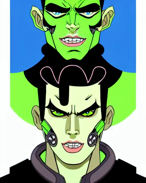 Prompt: green-skinned rockabilly cyborg. handsome young man with strong cheekbones and cheek dimples. blue eyes, black hair with white streaks, lines over skin where tech unfolds.