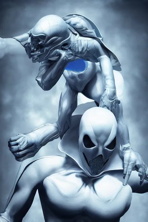 Prompt: hyperrealistic photography of Moon Knight mixed with Ghostrider style of Jin Kagetsu, patricia piccinini, James Jean and wlop, full-shot, merged character, 4k, highly detailed, cinematic lighting, photorealistic, 3d render, award winning render, unreal engine, masterpiece, octane render, sharp focus, studio lighting, 8k, hd