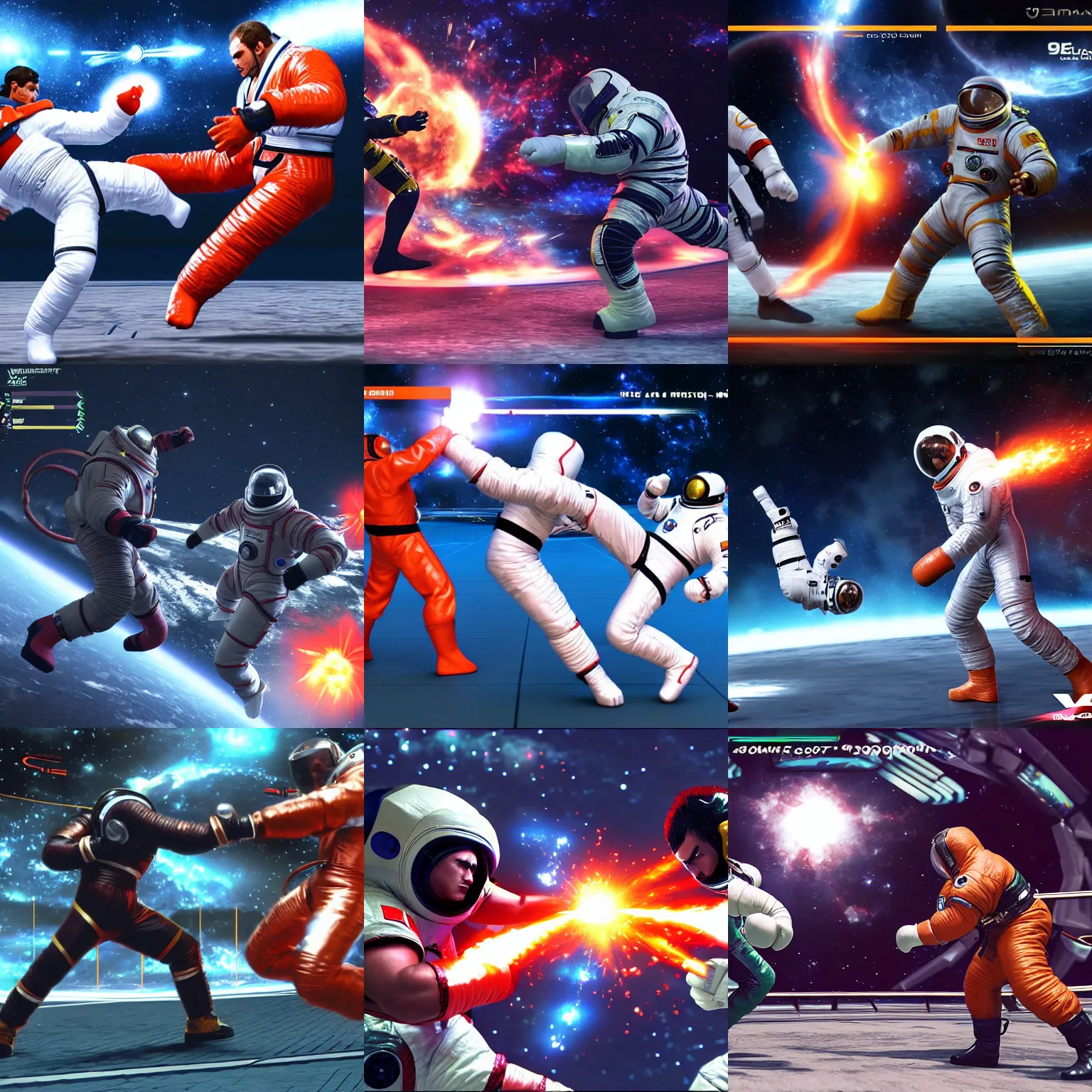 Image similar to an astonaut fighting a cosmonaut. VS fighting, videogame, unreal engine, octane render, 8k, 4k, tekken 3, tekken 2, street fighter, mortal kombat, side camera, life bars, win count, countdown, virtua fighter