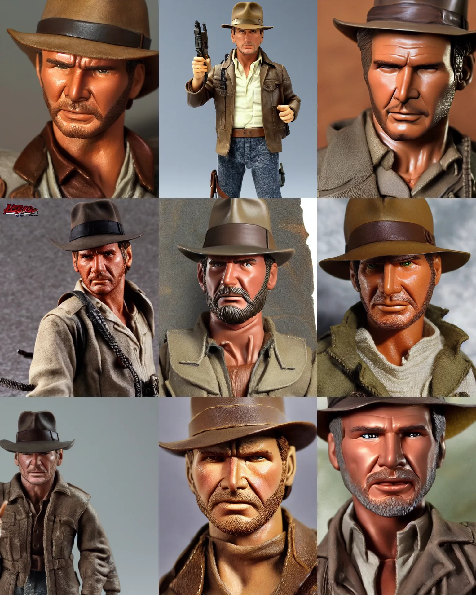 Prompt: harrison ford indiana jones!!! neca!!! f dull flat plastic action figure by neca face close up headshot in the style of neca, character by neca, soft flat light, overcast