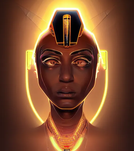 Image similar to symmetry!! egyptian prince of technology, solid cube of light, hard edges, product render retro - futuristic poster scifi, lasers and neon circuits, brown skin man egyptian prince, intricate, elegant, highly detailed, digital painting, artstation, concept art, smooth, sharp focus, illustration, dreamlike, art by artgerm