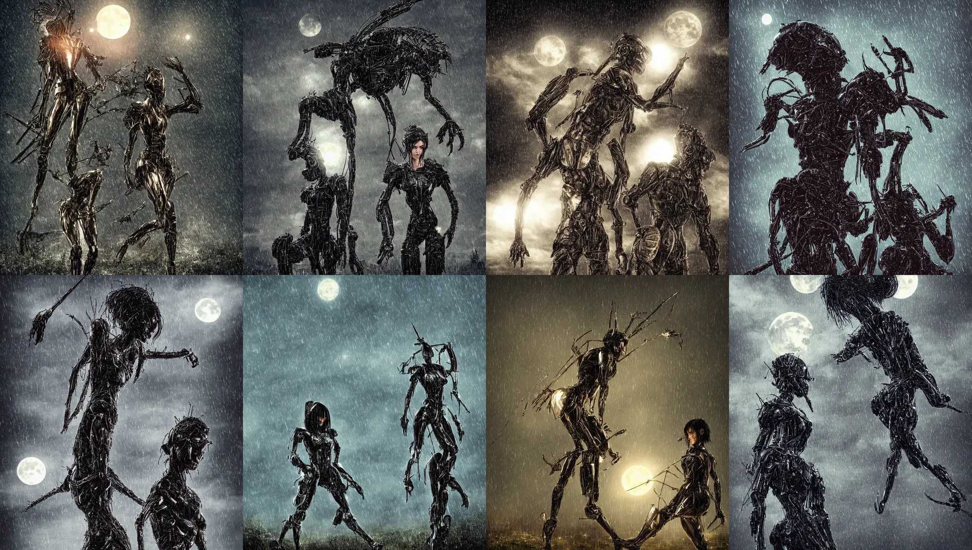 Prompt: angry anthropomorphic stick insect, wearing rain soaked armour in heavy rain, incredibly fine detailed portrait, battle angel alita, dynamic angle, elegant, full body profile, 2 0 0 mm focal length, highly detailed, dramatic full moon lighting, many fireflies, gothic castle prodominently in the background, movie cover