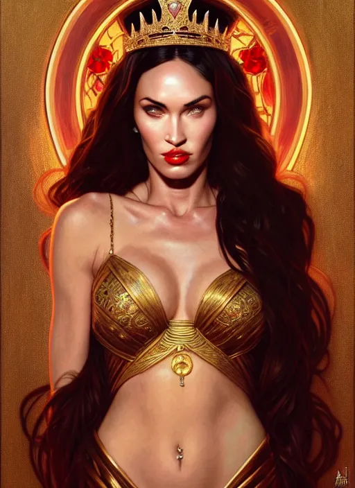 Image similar to portrait of megan fox as a queen, throne, jewelry, greek, ruby, intricate, headshot, highly detailed, digital painting, artstation, concept art, sharp focus, cinematic lighting, illustration, art by artgerm and greg rutkowski, alphonse mucha, cgsociety