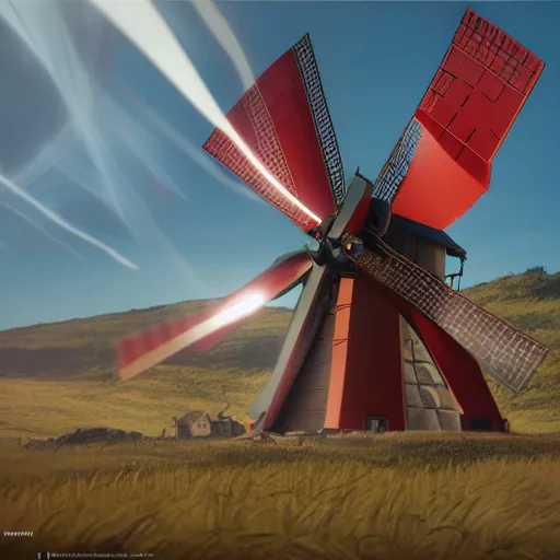 Image similar to gundam as dutch windmill in gundam anime, gundam is windmill shaped, dutch windmill gundam, in gears of war, splash art, movie still, cinematic lighting, ray tracing, octane render, long lens, shallow depth of field, bokeh, anamorphic lens flare, 8 k, hyper detailed, 3 5 mm film grain