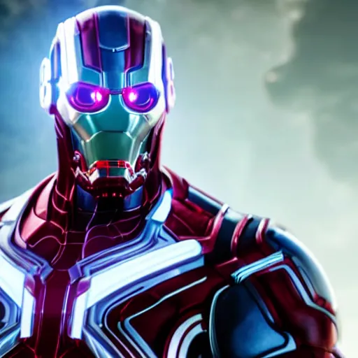 Image similar to still photo of marvel ultron on thanos, highly detailed, photorealistic portrait, bright studio setting, studio lighting, crisp quality and light reflections, unreal engine 5 quality render