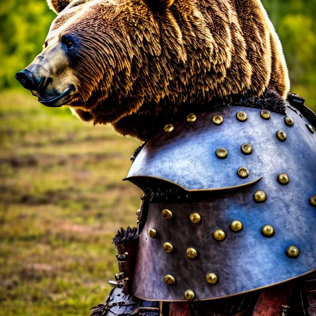 Image similar to photo of a armoured bear warrior, highly detailed, 8 k, hdr, close up, smooth, sharp focus, high resolution, award - winning photo