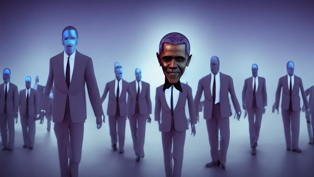 Image similar to vampire Obama clones carrying an Obama god head ; render by Beeple, 4K