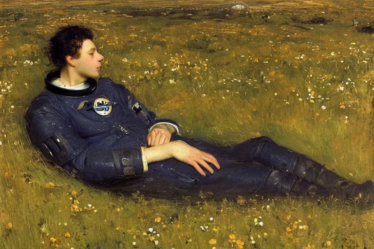 Image similar to sad portrait of an astronaut in a meadow by sir john everett millais, photorealistic, hyperdetailed, ethereal, masterpiece, oil painting