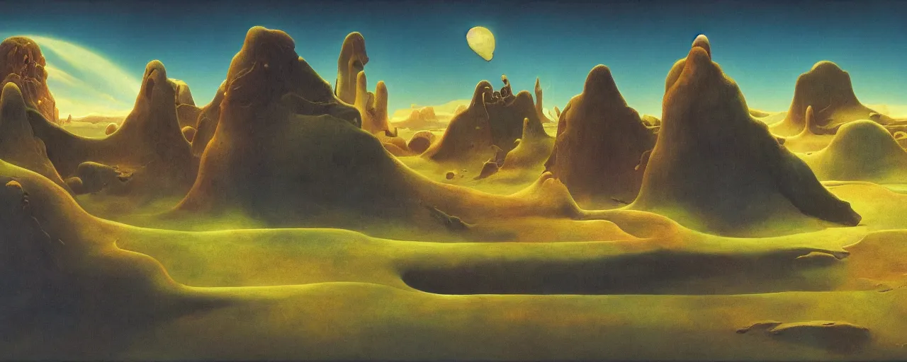 Prompt: otherworldly landscape by roger dean, [ cinematic, epic, opening shot, establishing, mattepainting, 4 k ]