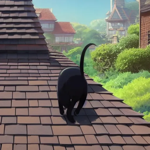 Prompt: a wholesome animation key shot of a black cat walking in the edge of a roof with tiles, medium shot, studio ghibli, pixar and disney animation, sharp, rendered in unreal engine 5, anime key art by greg rutkowski, bloom, dramatic lighting