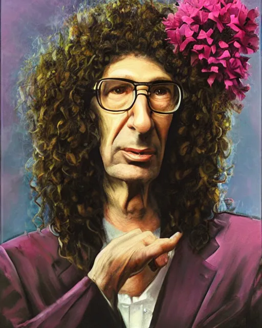 Image similar to a painting of howard stern with flowers in his hair, a character portrait by drew struzan, behance contest winner, american scene painting, oil on canvas, matte drawing, studio portrait