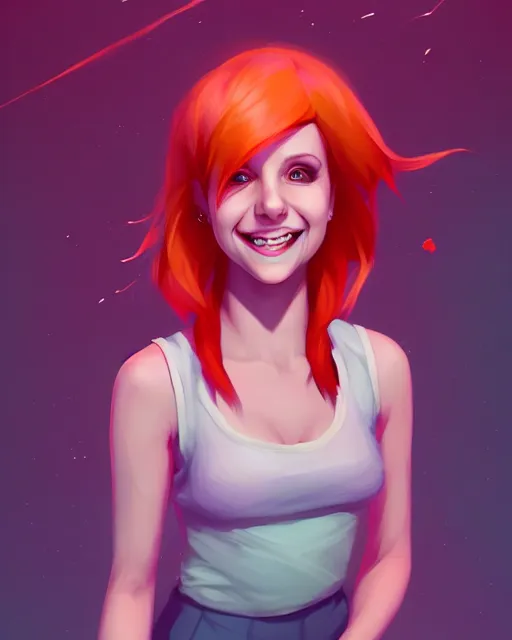 Image similar to a portrait of a beautiful full body Hayley Williams on stage smiling and dancing, art by lois van baarle and loish and ross tran and rossdraws and sam yang and samdoesarts and artgerm, digital art, highly detailed, intricate, sharp focus, Trending on Artstation HQ, deviantart, unreal engine 5, 4K UHD image