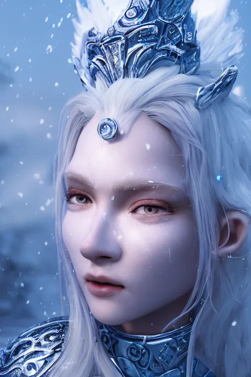Image similar to ice goddess with beautiful face with a glowing blue crystal on her forehead, frosty white eyes, winter mist around her, white plated armor, pale skin, white smoke ， photorealism, octane render, frostbite, 8 k, cinematic, 3 5 mm, aspect ratio