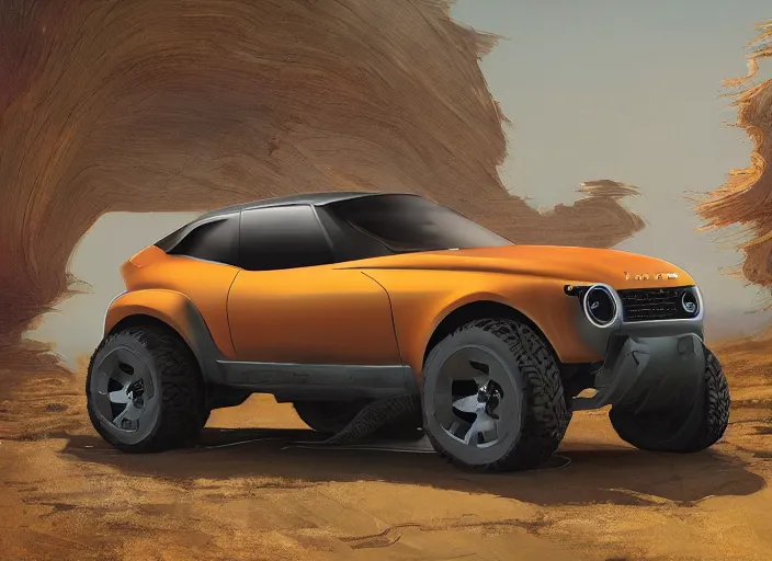 Image similar to wide view shot of a new car for 2 0 3 2 with offroad tires installed. style by petros afshar, christopher balaskas, goro fujita, and rolf armstrong. car design by dmc and land rover.