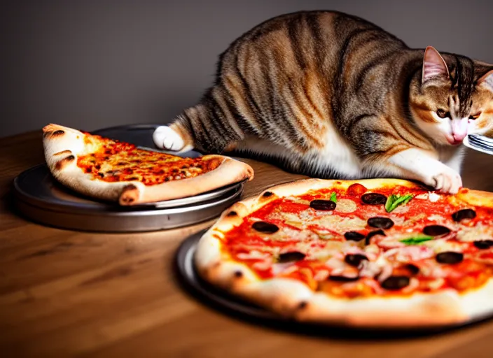 Image similar to photo of a very fat cat eating pizza. nikon d 8 5 0 5 5 mm. dof. cinematic postprocessing.