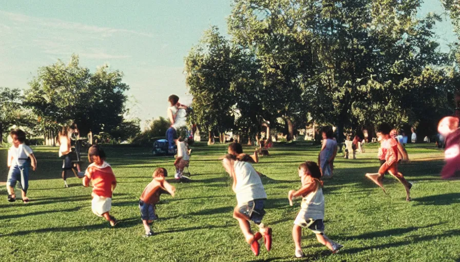 Image similar to 1990s candid photo of a beautiful day at the park, families playing, cinematic lighting, cinematic look, golden hour, kids being chased by large personified fruit creatures , Enormous fruit people, UHD