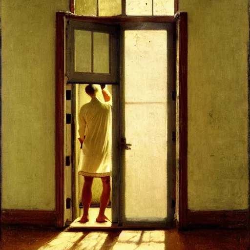 Image similar to person in pyjamas standing near window, sun rays, daylight, french door window, 2 4 mm, anamorph lenses, photorealistic, high ceiling, painting by thomas eakins