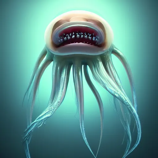 Image similar to a beautiful extreme wide uncropped full body photograph of an entire super cute jellyfish monster with huge sad eyes and sharp fangs in a wide open mouth, highly detailed, smooth, very very clean, 8 k, cinematic movie photograph, cinematic lighting, octane render, zbrush central contest winner, 3 d maya render