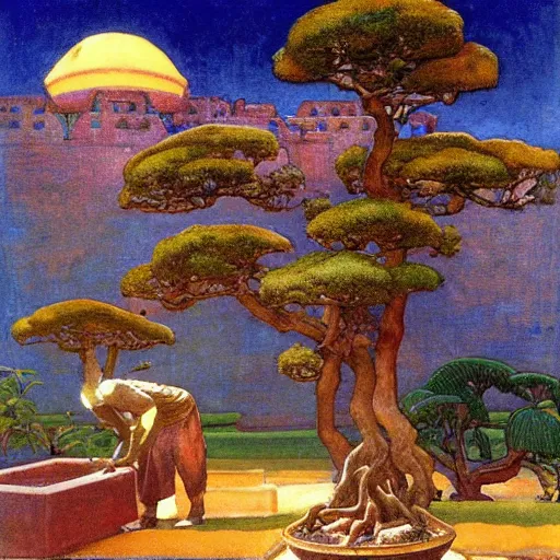 Image similar to Old African gardener cutting bonsai trees, isyllic Garden, by Annie Swynnerton and Nicholas Roerich and jean delville, glowing paper lanterns, strong dramatic cinematic lighting , ornate tiled architecture, lost civilizations, smooth, sharp focus, extremely detailed