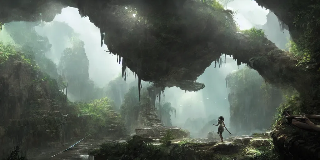 Image similar to an environmental concept art of tomb raider, highly detailed, environmental light, cinematic by francis tneh