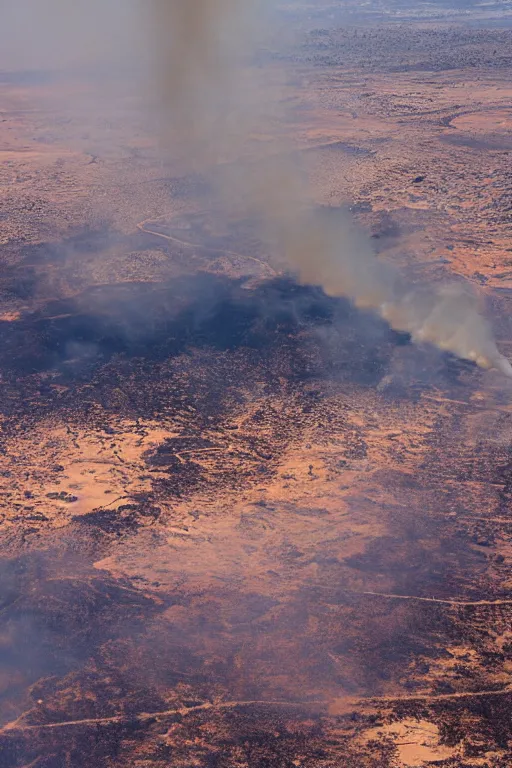 Image similar to airplane window view, flying above a drying landscape and huge fire