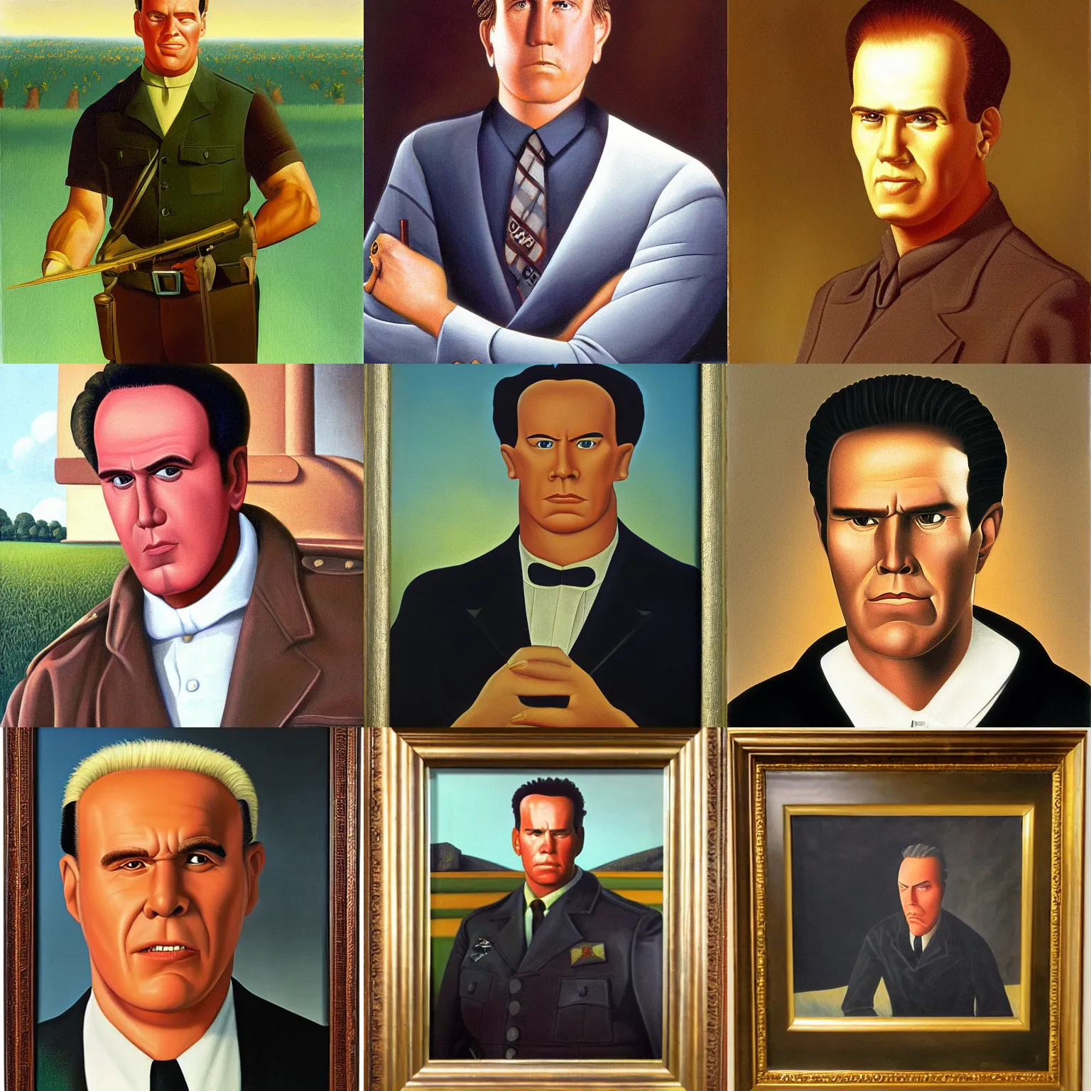 Prompt: painting of Arnold Schwarzengger by Grant Wood