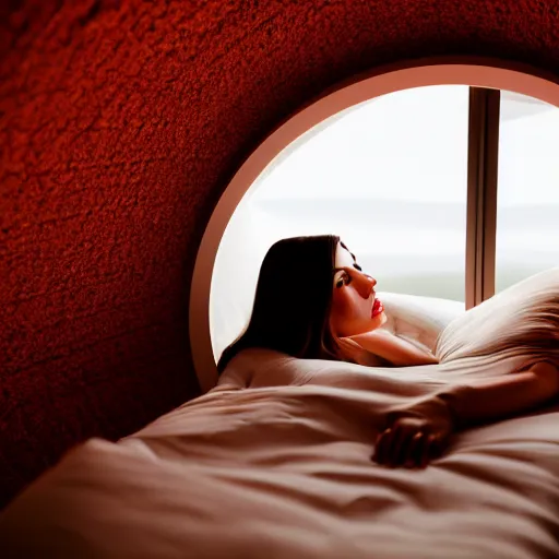 Image similar to inside cozy luxurious curved sleep-pod with wall to wall padding and sound system, amber ambient, red desert outside window, night time, lighting, atmospheric, polyamorous, XF IQ4, 150MP, 50mm, F1.4, ISO 200, 1/160s, dawn