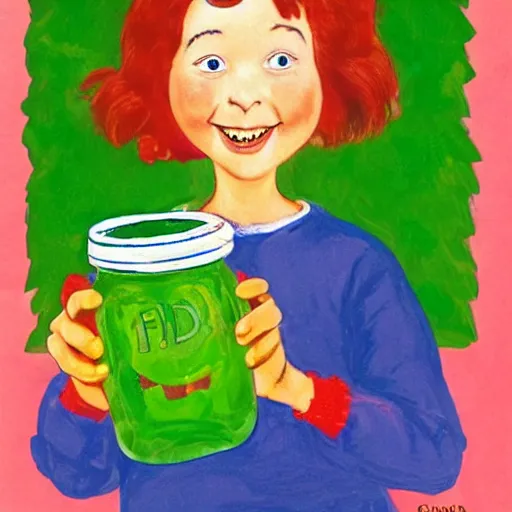 Prompt: a smiling girl with short grey red hair proudly holding a fido jar into the camera. the jar is filled with big green pickles. chlidren's illustration by dr. seuss, eric carle, louis wain