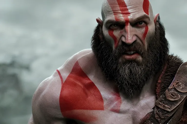 Image similar to vfx movie live action god of war closeup, natural grizzled skin by emmanuel lubezki