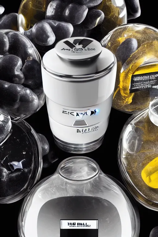 Prompt: a richard mille liquid dietary supplement in a round bottle, refined, simple, pure, white