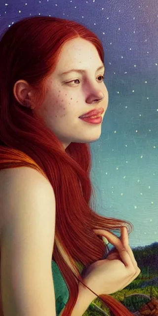 Image similar to infp young woman, smiling, amazed by golden fireflies lights, sitting in the midst of nature fully covered, long loose red hair, intricate linework, green eyes, small nose with freckles, oval shape face, realistic, expressive emotions, dramatic lights, hyper realistic ultrafine art by artemisia gentileschi, albert bierstadt, artgerm