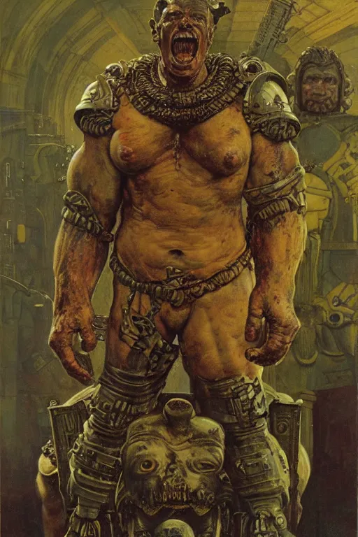 Prompt: upper body and head portrait of hulking mutant armoured warrior overlord by lawrence alma tadema and zdzislaw beksinski and norman rockwell and jack kirby and tom lovell and greg staples