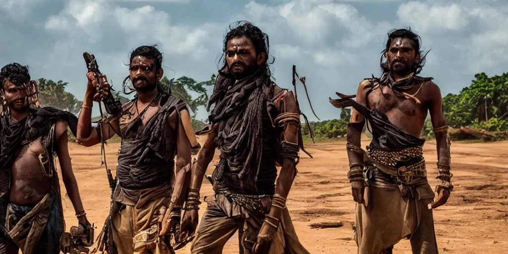 Image similar to sri lankan mad max style, bongo, film still, epic shot cinematography, rule of thirds