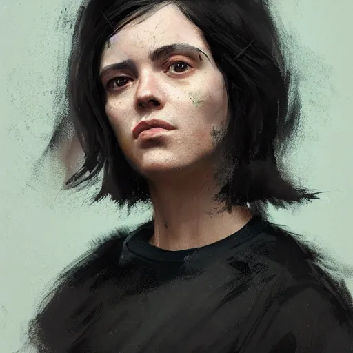 Image similar to Portrait of a woman by Greg Rutkowski, she is about 30 years old, pretty, messy black bob hair, pale round face, tired eyes, she is wearing a black utilitarian jumper jumpsuit, highly detailed portrait, digital painting, artstation, concept art, smooth, sharp foccus ilustration, Artstation HQ.