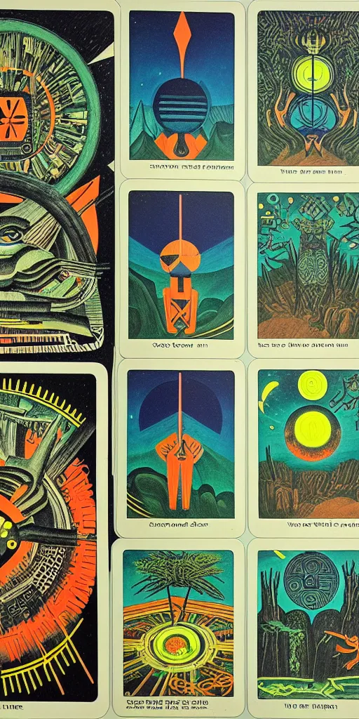 Image similar to 1968 science fiction tarot card, cut out collage, neon Aztec, spring on Saturn, epic theater, deep forest, mountain plants, drawings in part by Diego Rivera, part by Ernst Haekl, text by William S Boroughs, written by Michael Ende