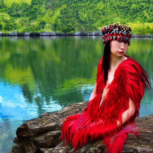 Prompt: prompt Young Woman, wearing Inka clothes, Harpy, red feathered wings, sad expression, sitting at a pond, mountainous area, trees in the background, digital art