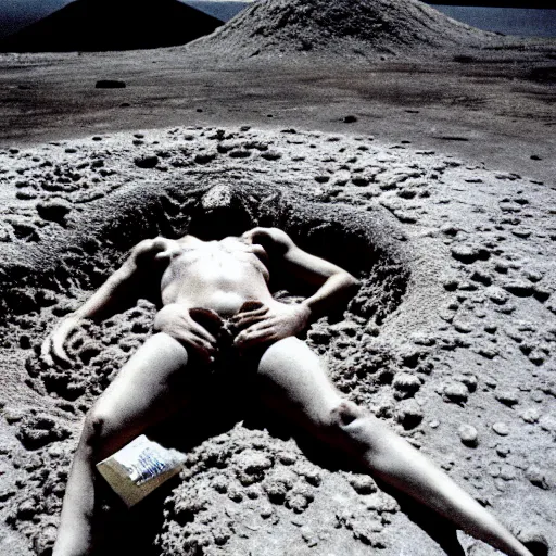 Image similar to a person laying in a huge crater. their body twisted unnaturally, spaceship wreckage in background. ap photograph 1 9 8 5