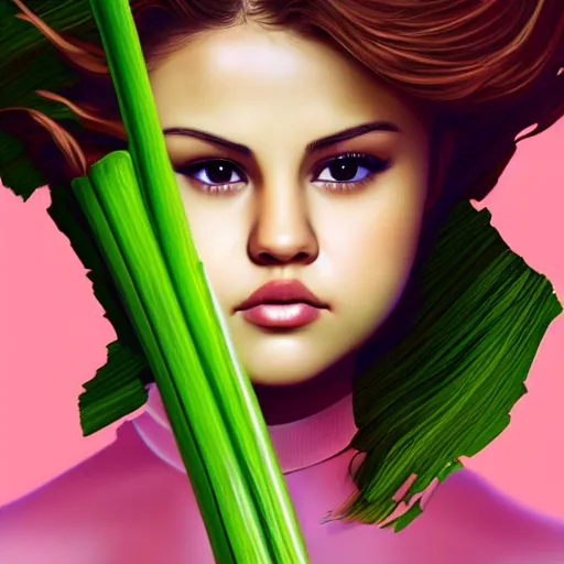 Image similar to photorealistic digital painting of selena gomez as celery, hd, artstation, 4 k wallpaper