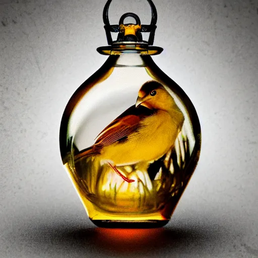 Image similar to bird in a bottle, award winning photography, hyper realistic, 4 k